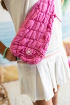 Palmr Style Womens Quilted Sling Bag Pink Palm Tree Resort Wear Self-care