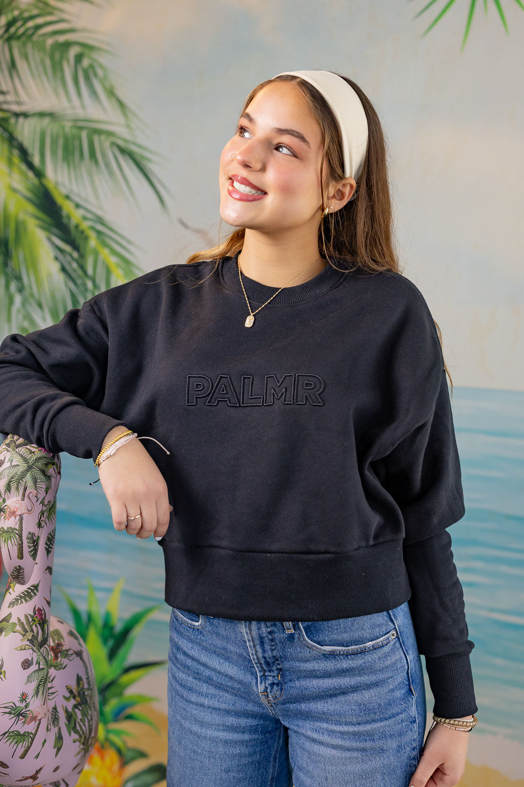Palmr Style Womens Retreat Crew Sweatshirt Crop Heavyweight Black Resort Wear Selfcare T1D