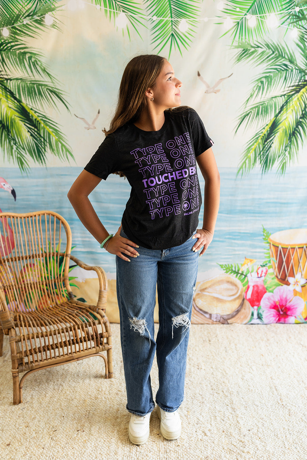Palmr Style Unisex Touched By Type One Black Tee Supporting T1D Soft Short Sleeve Palm Tree Resort wear Self-Care