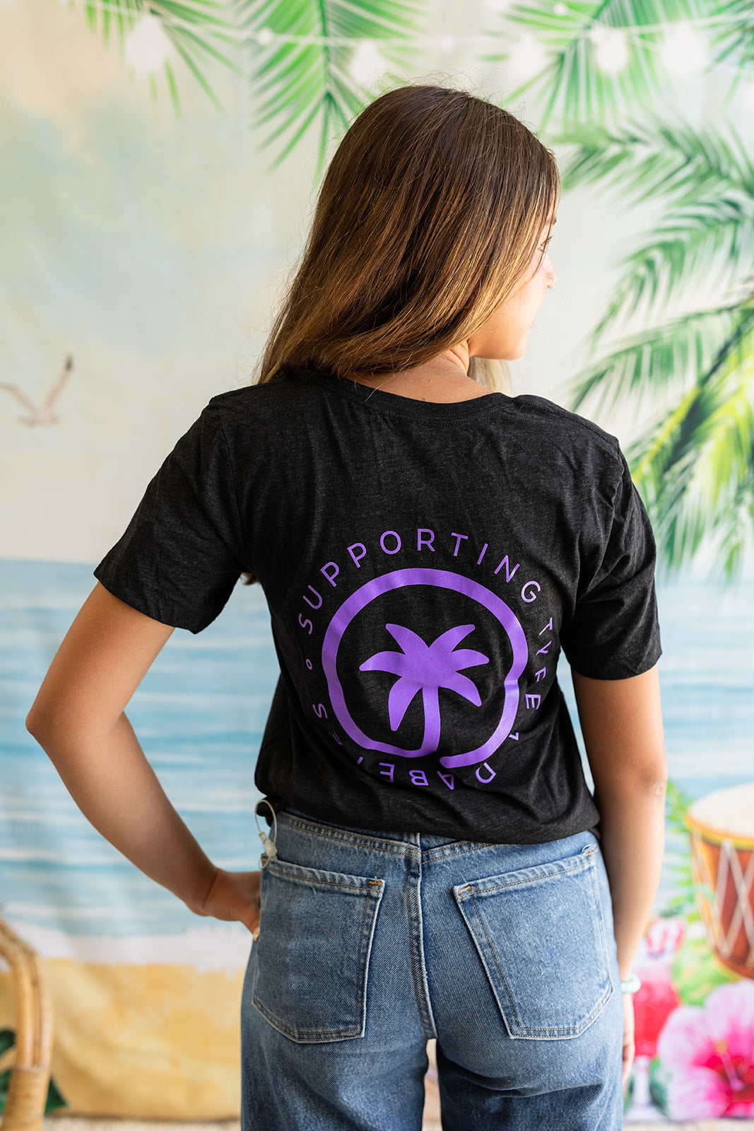 Palmr Style Unisex Touched By Type One Black Tee Supporting T1D Soft Short Sleeve Palm Tree Resort wear Self-Care