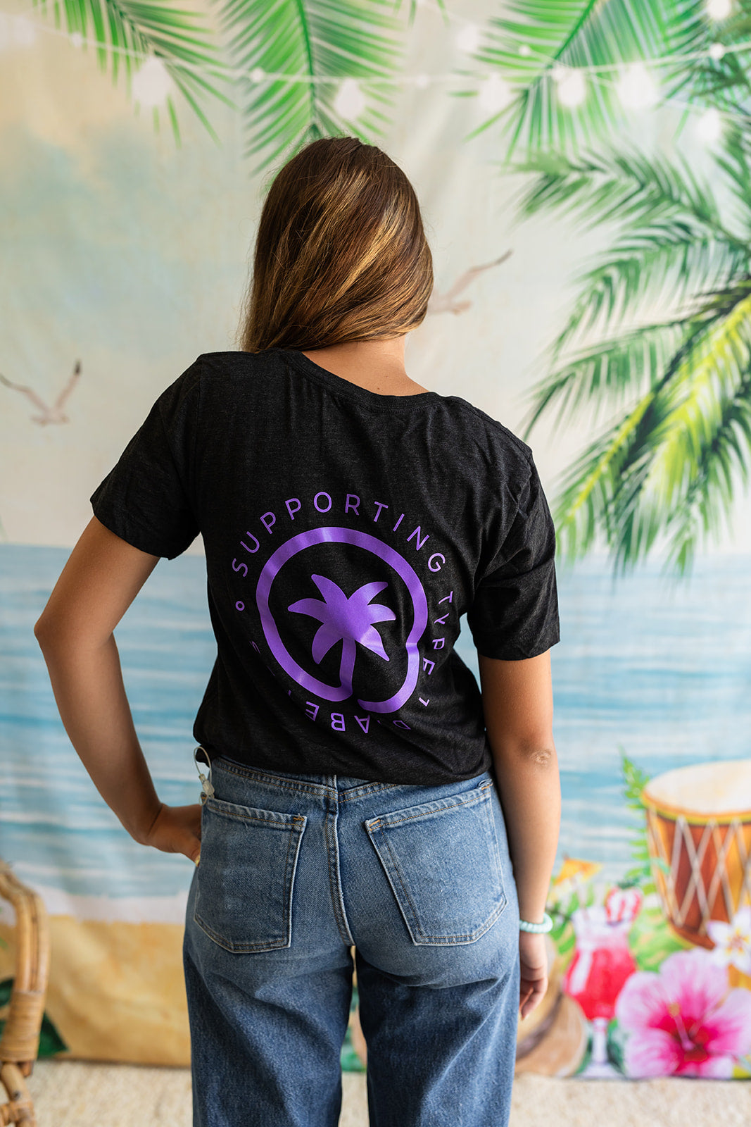 Palmr Style Unisex Touched By Type One Black Tee Supporting T1D Soft Short Sleeve Palm Tree Resort wear Self-Care