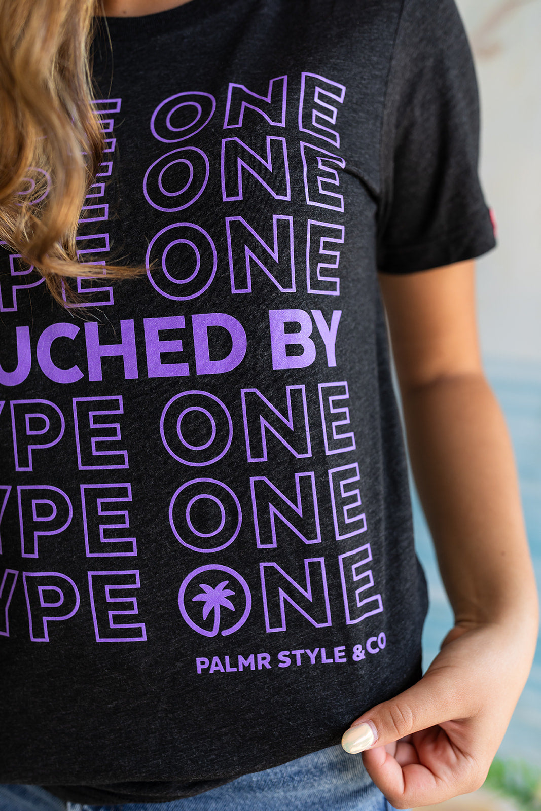 Palmr Style Unisex Touched By Type One Black Tee Supporting T1D Soft Short Sleeve Palm Tree Resort wear Self-Care