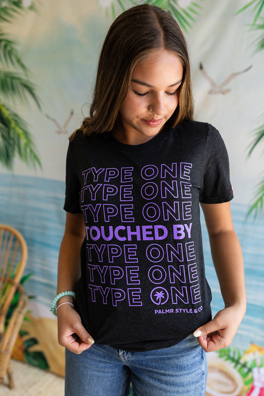 Palmr Style Unisex Touched By Type One Black Tee Supporting T1D Soft Short Sleeve Palm Tree Resort wear Self-Care