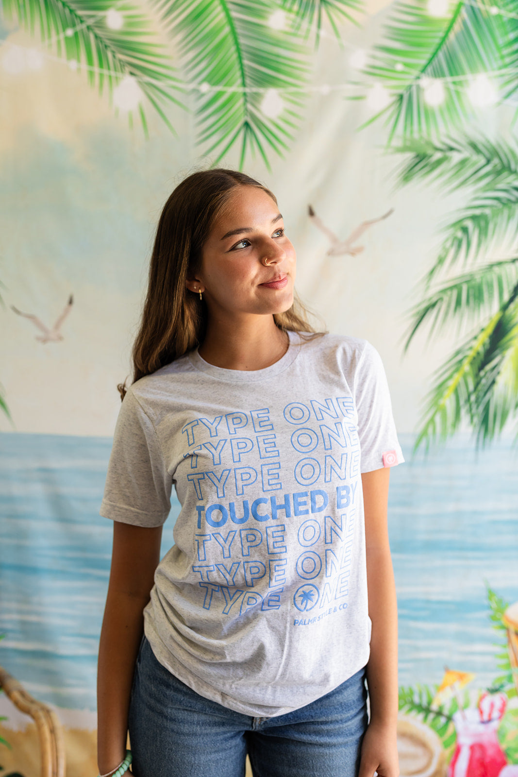 Palmr Style Unisex Touched By Type One White Tee Supporting T1D Soft Short Sleeve Palm Tree Resort wear Self-Care