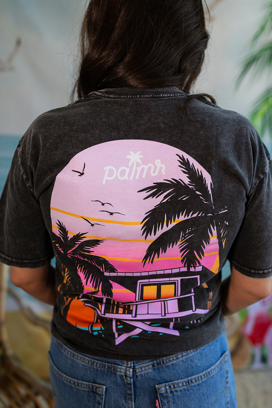 Palmr Style Womens Unisex Evening Palm Tee Shirt Vintage Stone Washed Black Soft Short Sleeve Palm Tree Beach Resort wear Self-Care