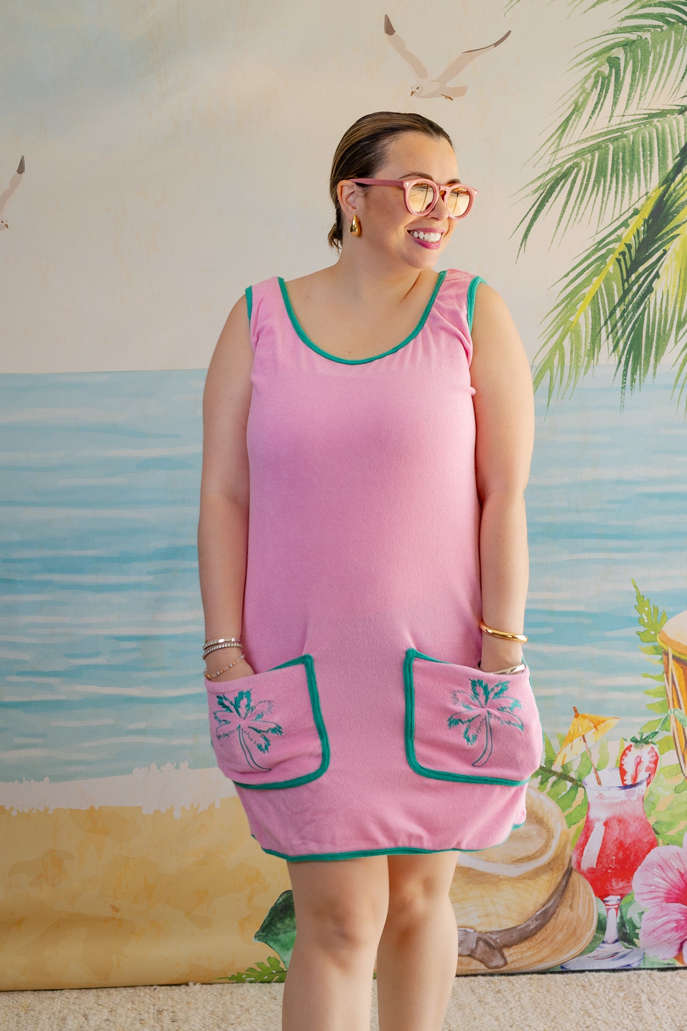 Palmr Style Womens pocketful palms pink Palm Tree coverup Resort Wear Selfcare T1D pump pocket