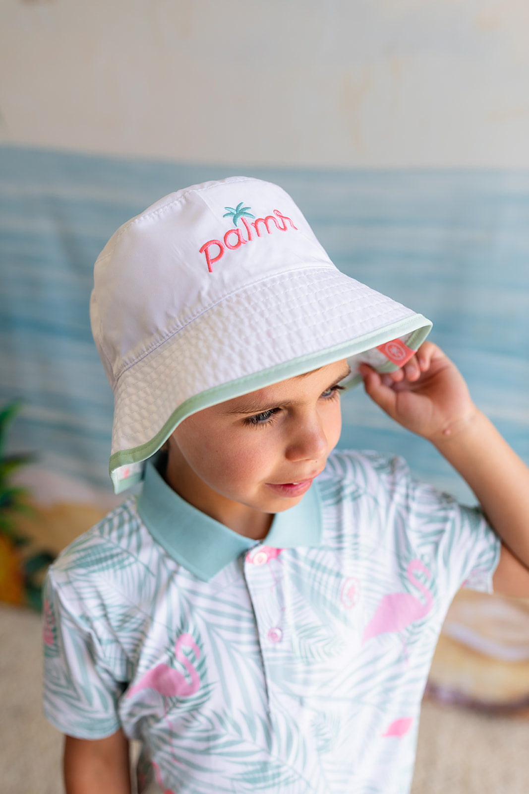 Palmr Style Kids Tropical Bucket Hat Parker Reversible Green Palm leaf flamingo Resort Wear Self-care