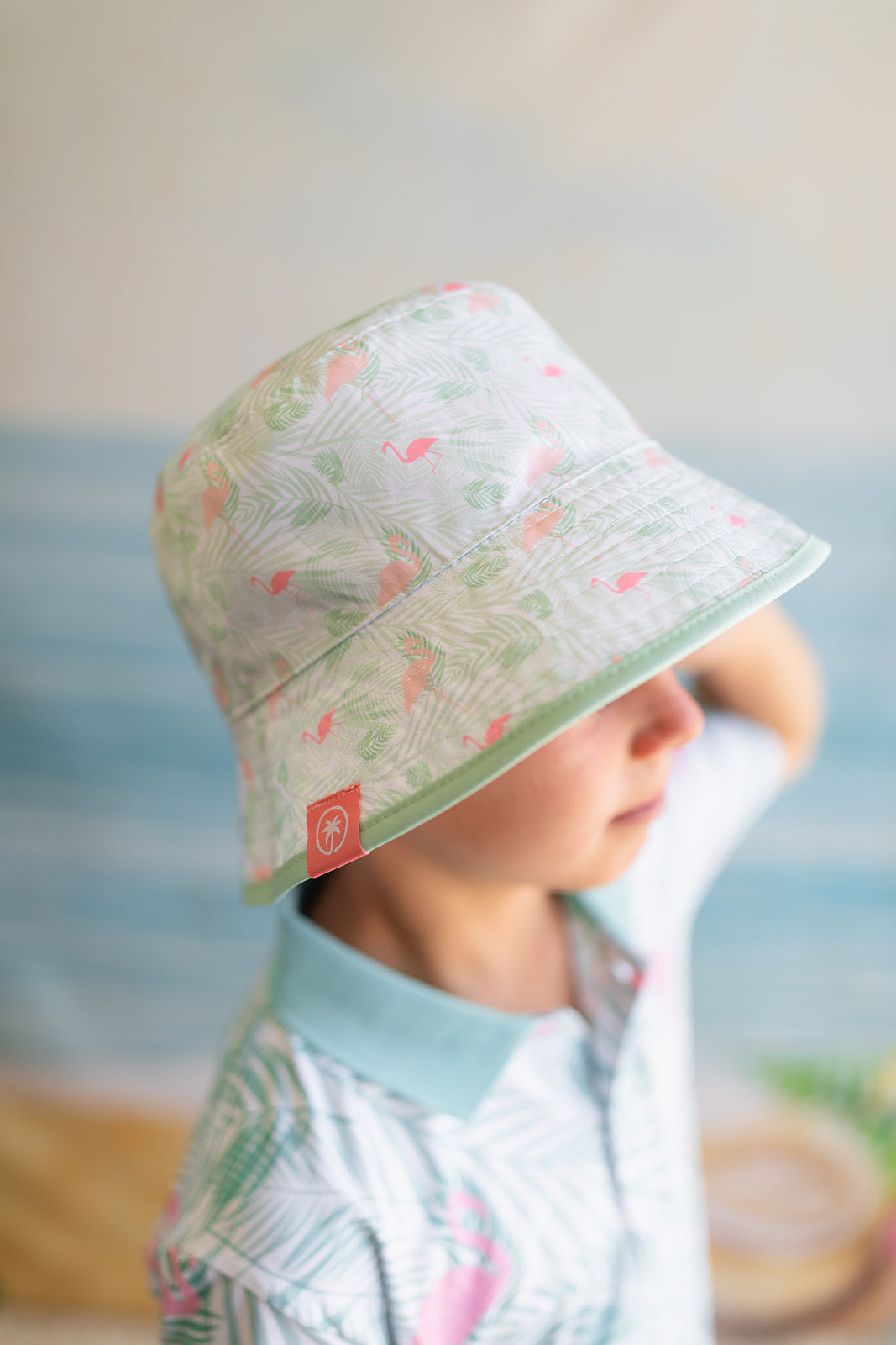 Palmr Style Kids Tropical Bucket Hat Parker Reversible Green Palm leaf flamingo Resort Wear Self-care