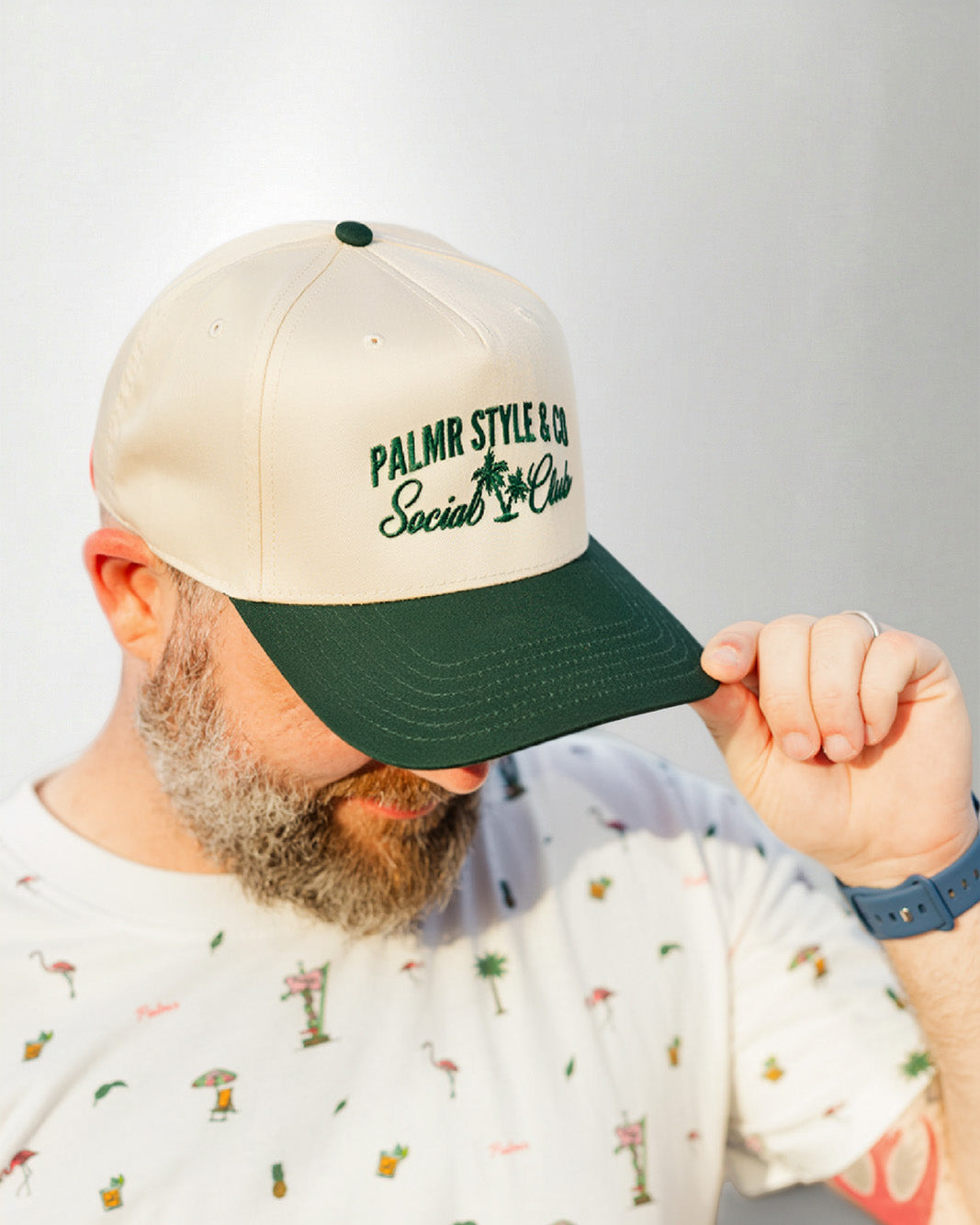 Palmr Style Social Club Hat Forest Green Natural Palm tree Resort Wear Selfcare T1D T1Dstrong
