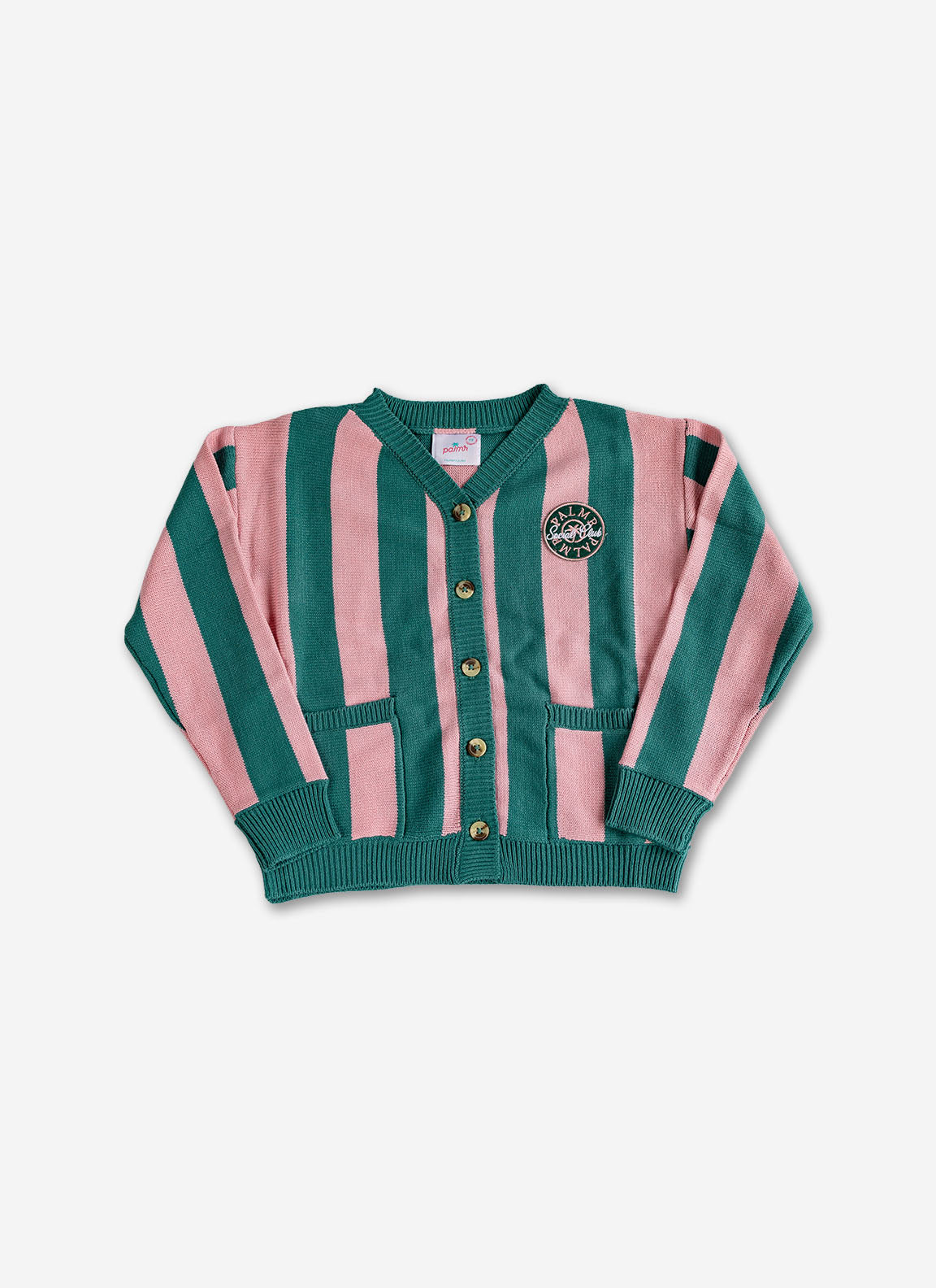 Green and pink striped cardigan with a logo on a white background