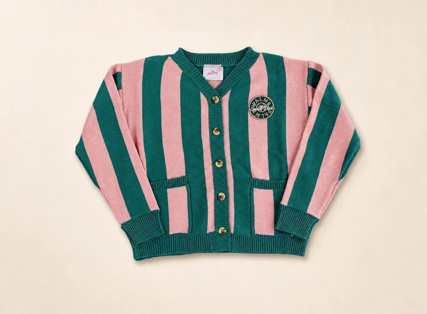 Pink and green striped Palm of My Heart Girls Cardigan with embroidered patch and front pockets for kids
