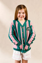 Pink and green striped Palm of My Heart Girls Cardigan with embroidered patch and front pockets for kids