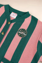 Palm of My Heart Girls Cardigan pink green striped cozy knit with embroidered patch and front pockets for kids