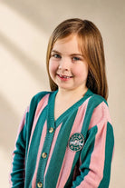 Pink and green striped Palm of My Heart Girls Cardigan with embroidered patch and front pockets for kids
