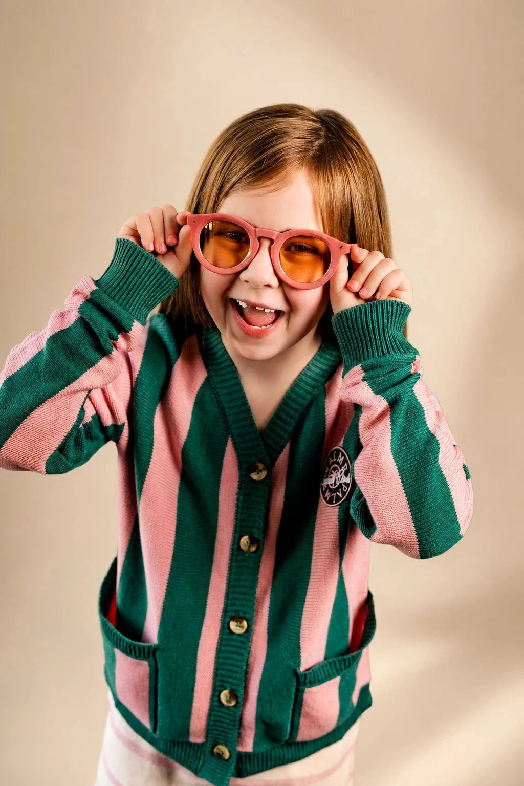 Palm of My Heart Girls Cardigan pink and green striped knit with embroidered patch and front pockets for kids
