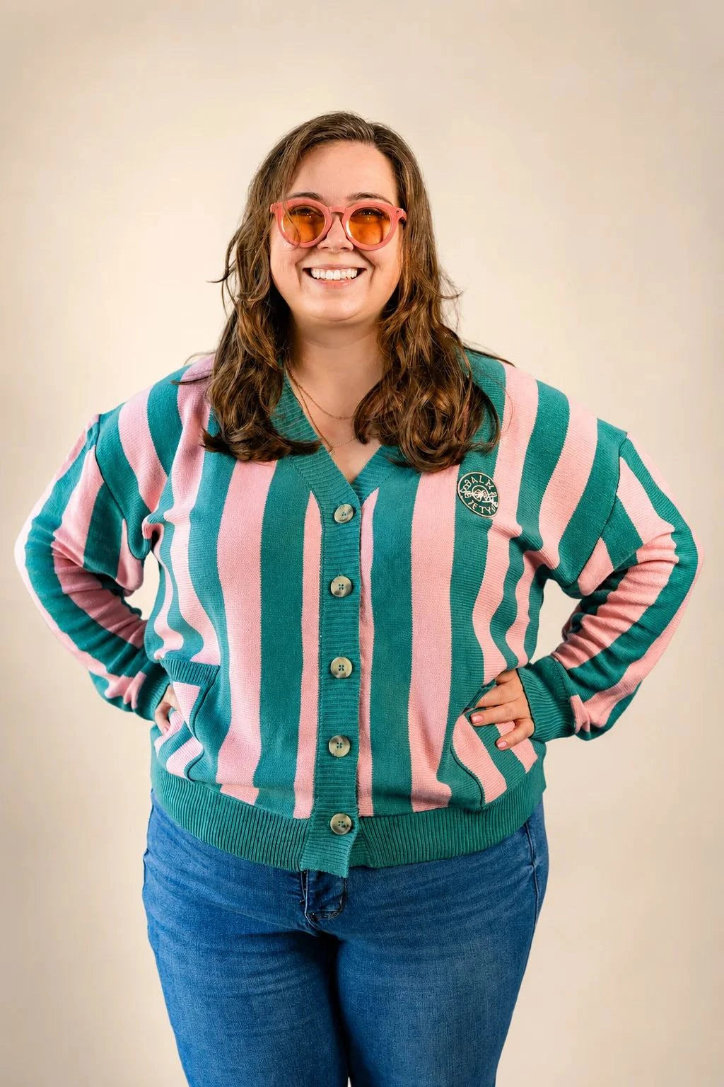 The Palm of My Heart Cardigan pink and cream striped cozy knit sweater with front pockets and embroidered patch