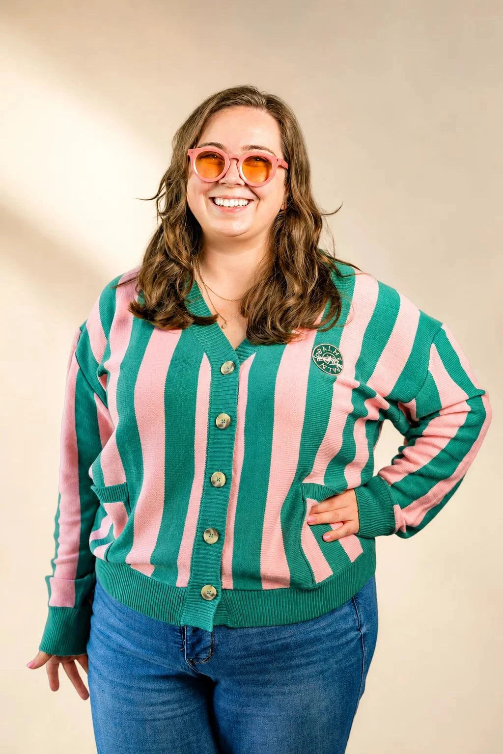 The Palm of My Heart Cardigan pink and cream striped cozy knit with embroidered patch and front pockets