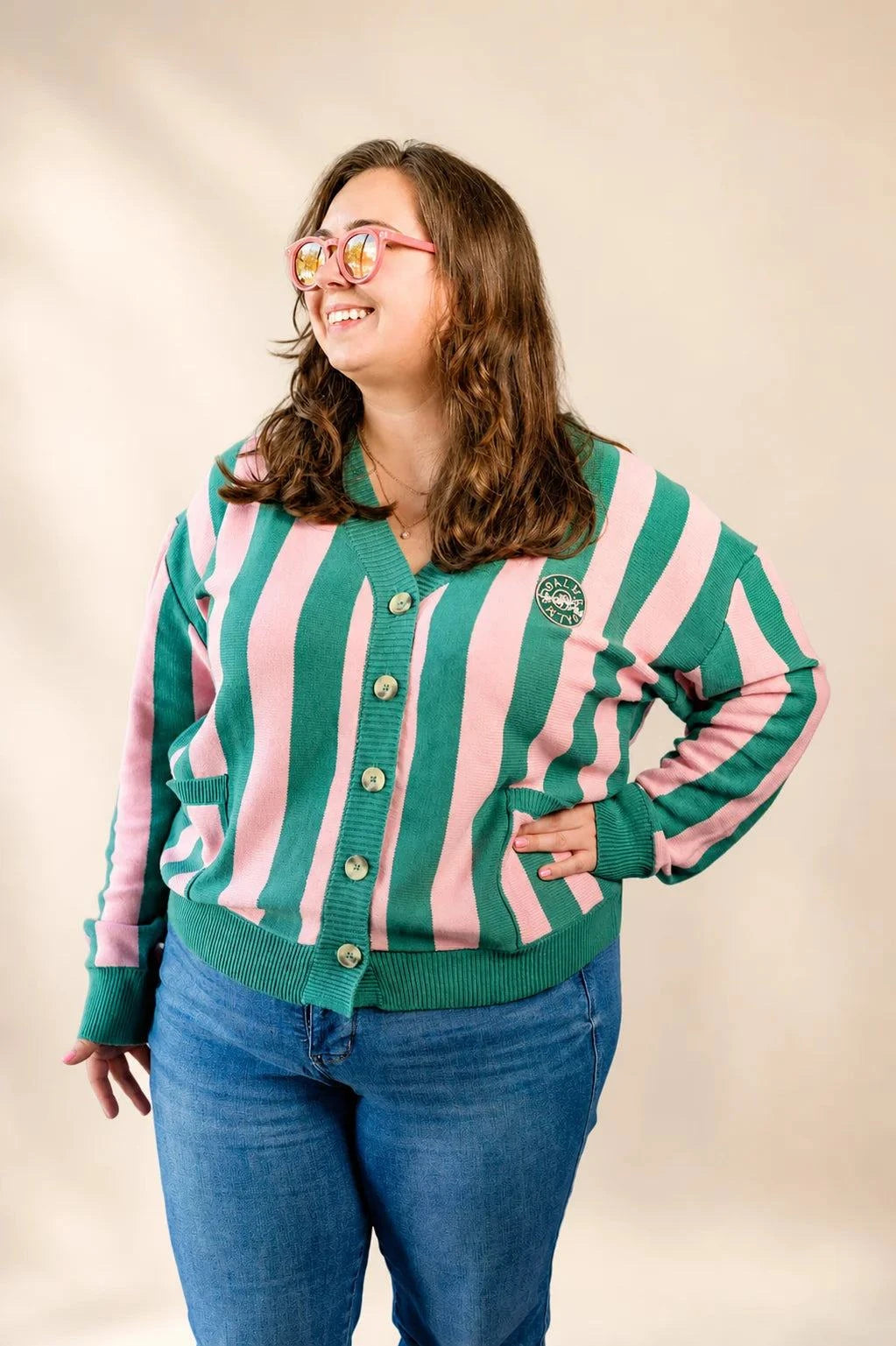 The Palm of My Heart Cardigan pink and cream striped cozy knit sweater with embroidered patch and front pockets