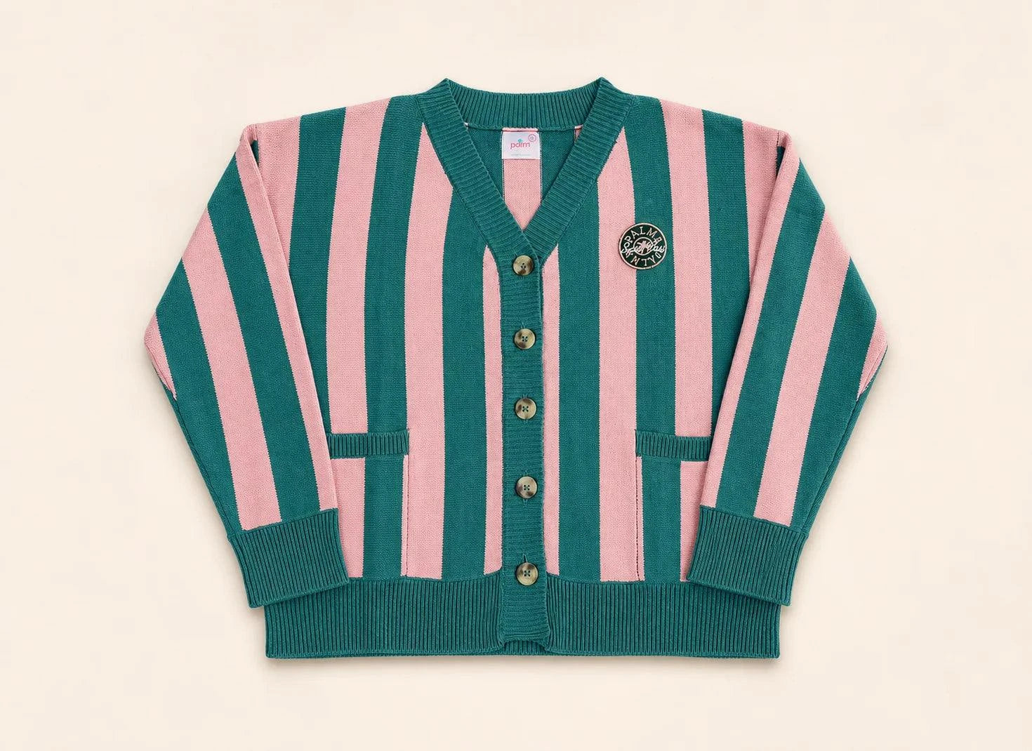 The Palm of My Heart Cardigan pink and cream striped cozy cotton-acrylic knit with embroidered patch and front pockets