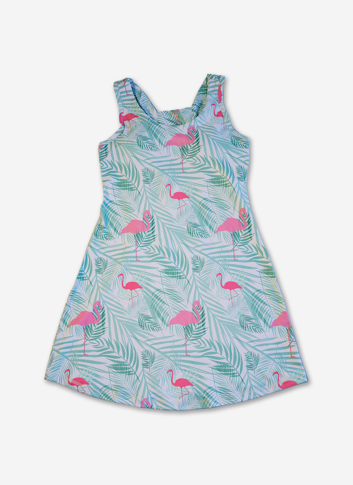 Dress with flamingo and leaf pattern on a white background