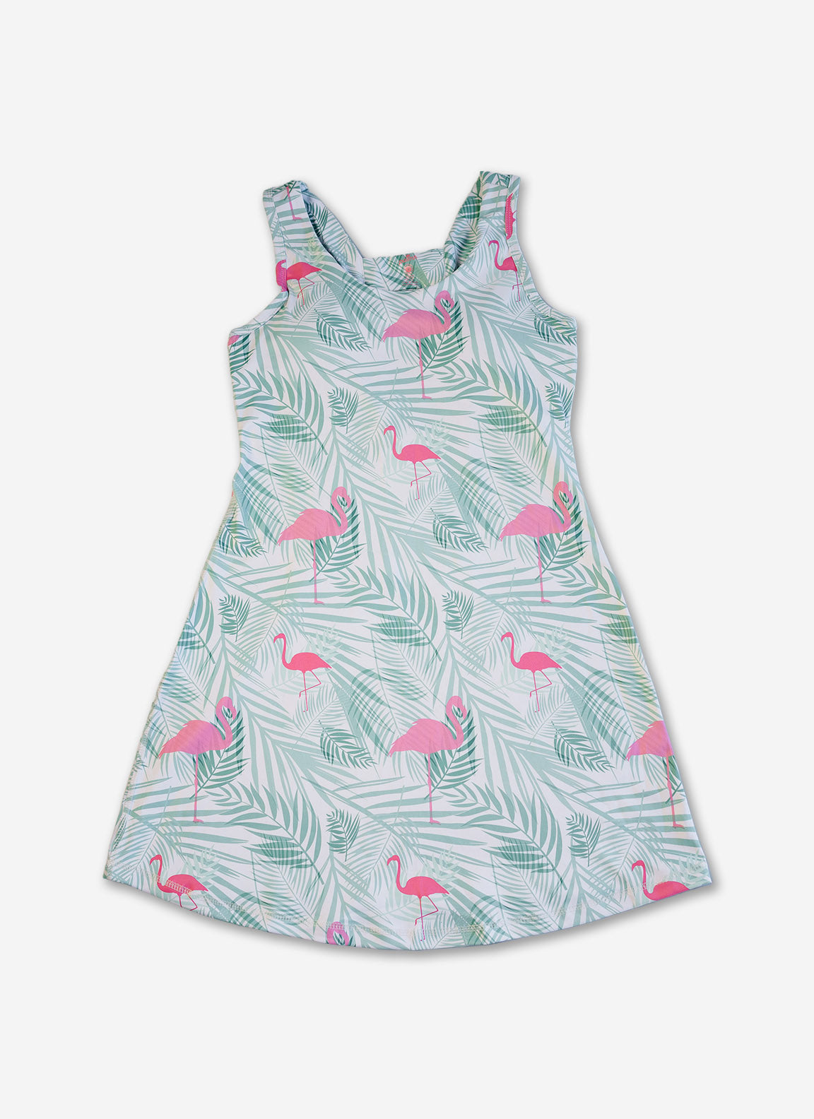 Dress with flamingo and leaf pattern on a white background