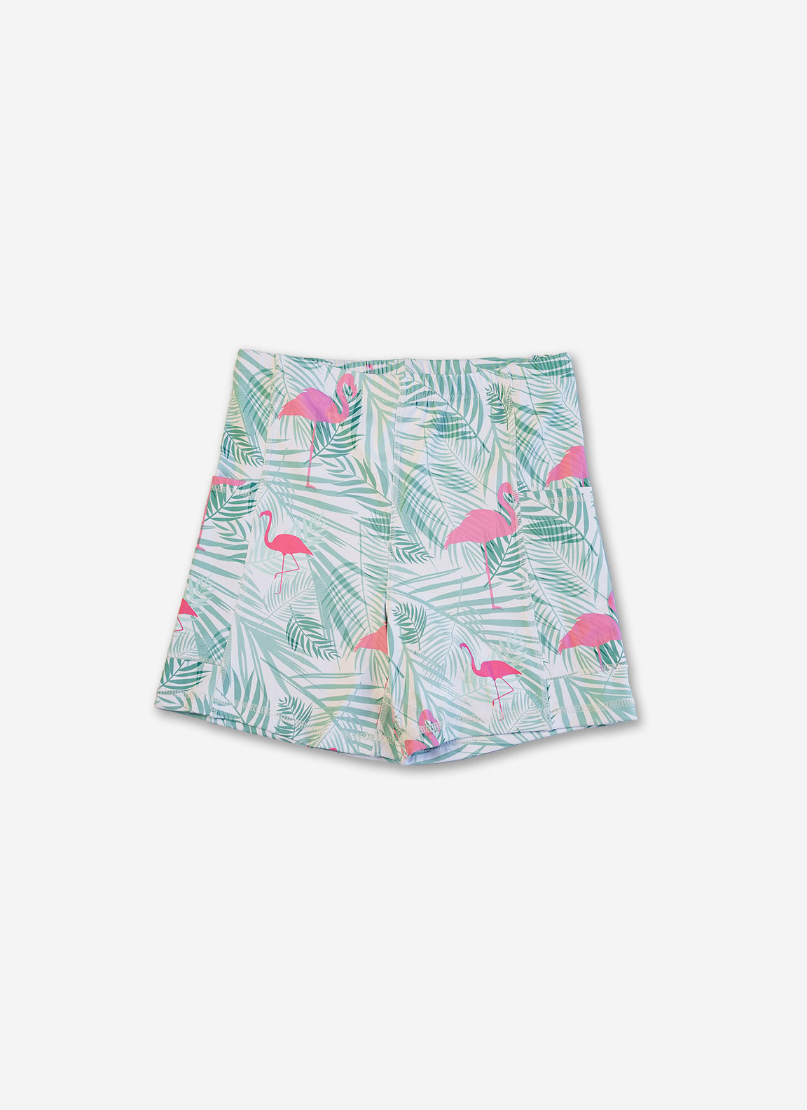Skirt with flamingo and palm leaf pattern on a white background