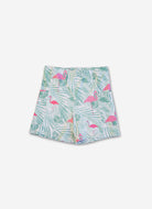 Skirt with flamingo and palm leaf pattern on a white background