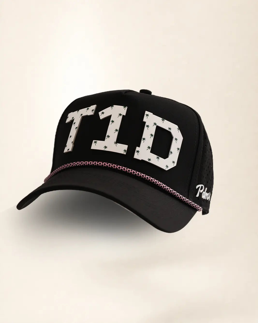 Black T1D hat with palm design, water-resistant and stylish for Florida heat