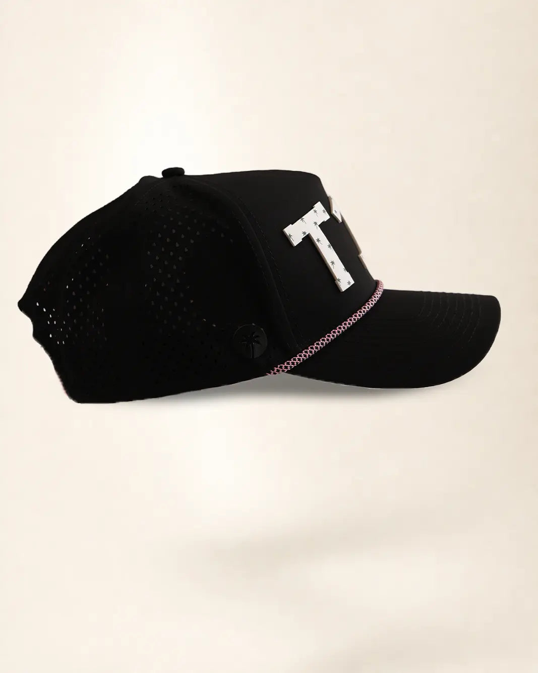 Black T1D hat with palm design, water-resistant and stylish for Florida heat