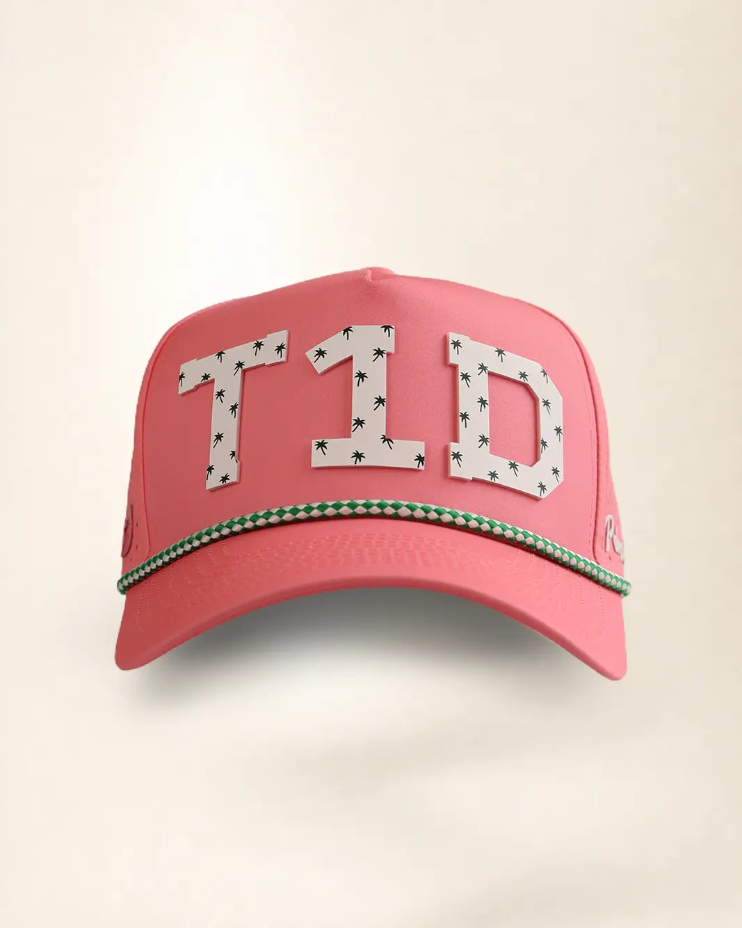 Pink T1D hat with palm design, water-resistant and stylish for Florida heat