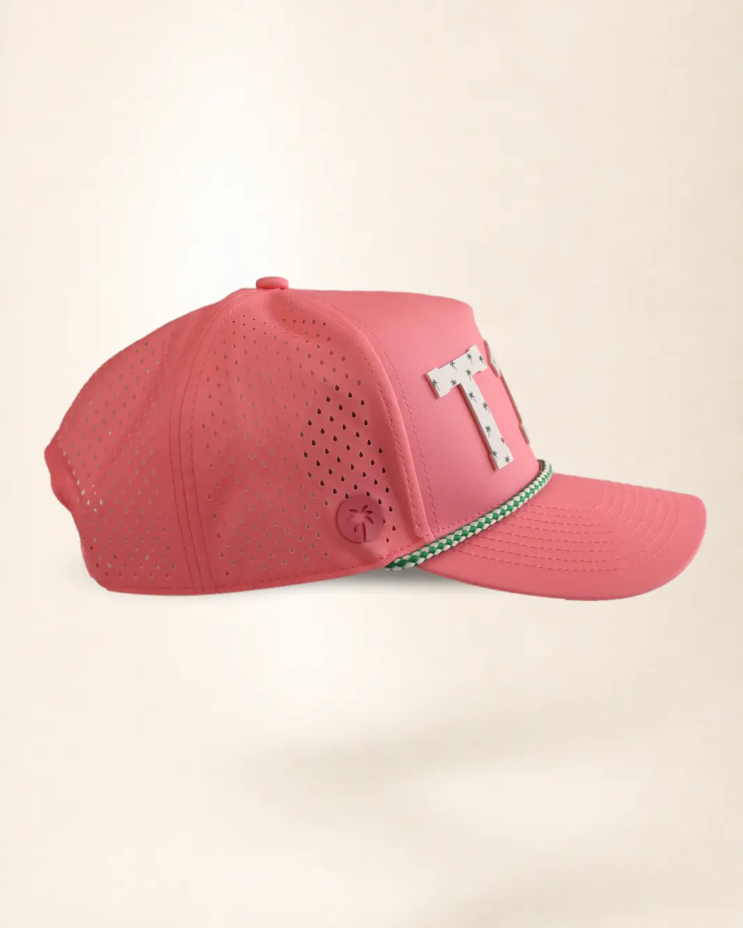 Pink T1D hat with palm design, water-resistant and stylish for Florida heat