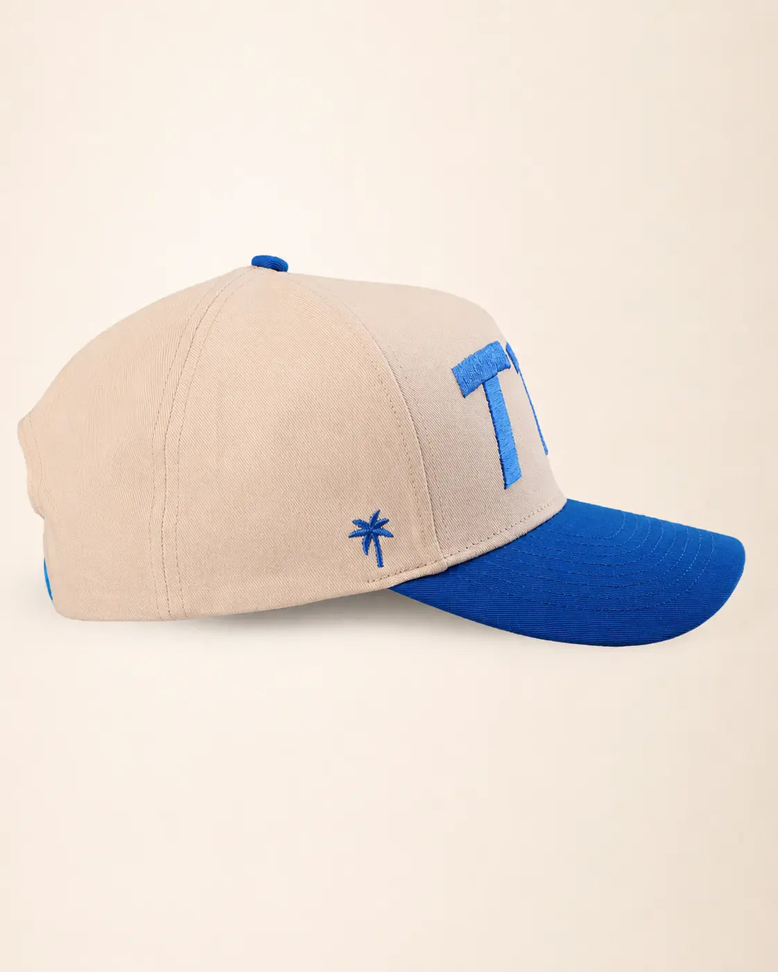 A structured baseball cap in beige and royal blue, featuring a large blue embroidered 'T1d' on the side and a small blue palm tree logo on the front, set against a plain beige background.