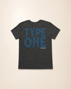 Dark gray t-shirt with blue text on a beige background