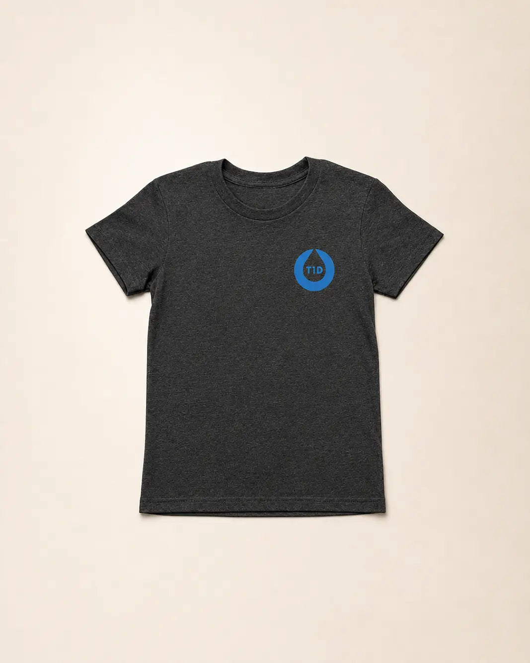 Dark gray t-shirt with a blue logo on a beige background