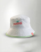 White bucket hat with a "Palmr" logo in embroidery