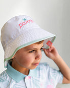 White bucket hat with a "Palmr" logo in embroidery