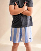 Ronnie Kids Hybrid Swim Shorts in blue and tan coastal stripes with belt loops and zip pockets
