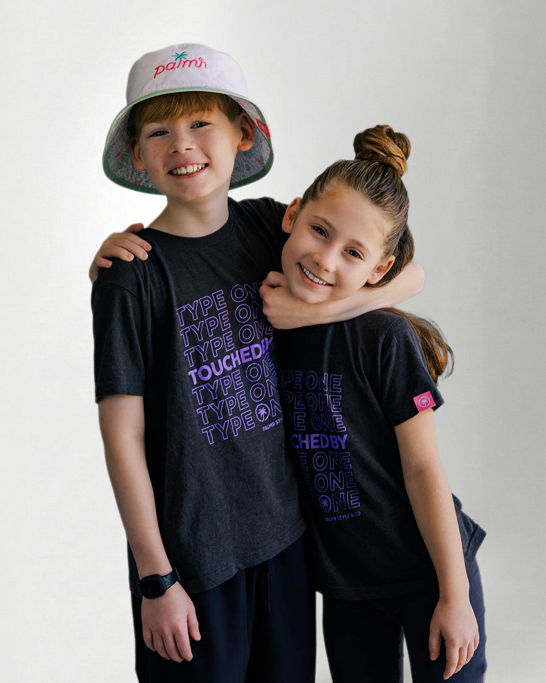 Palmr Style Youth Touched By Type One Black Tee Supporting T1D Soft Short Sleeve Palm Tree Resort wear Self-Care