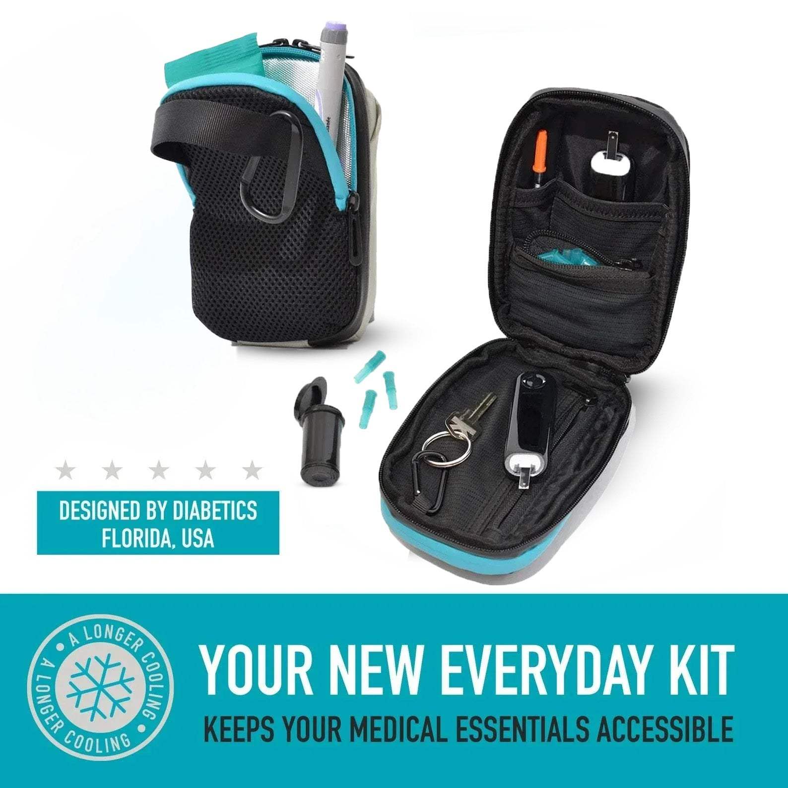 Compact insulated crossbody bag with nylon strap and carabiners for diabetes medication storage