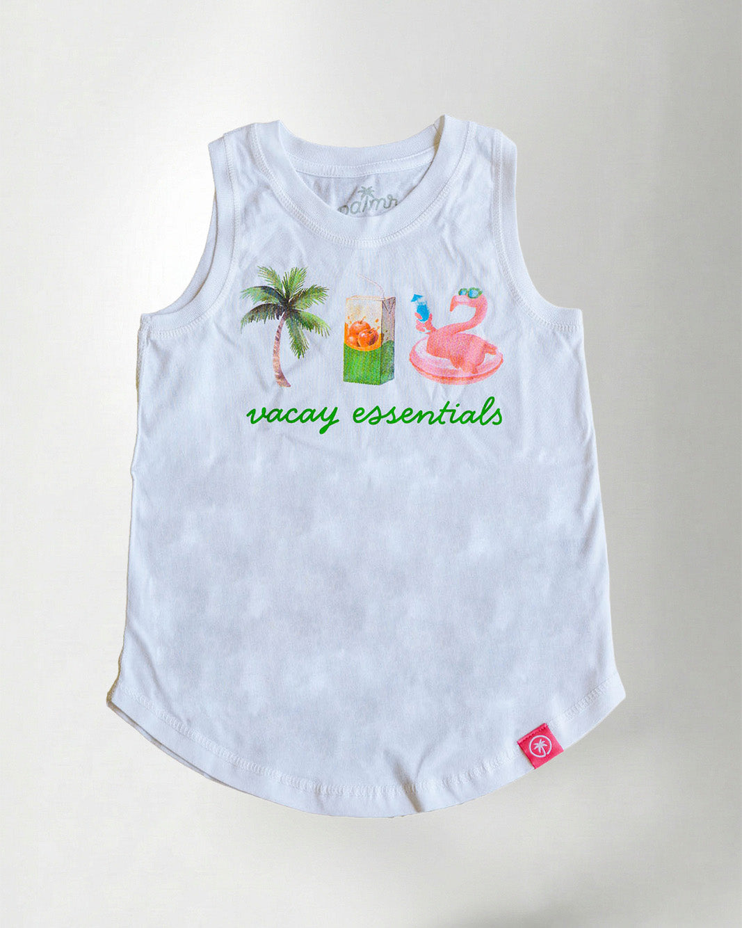  a white sleeveless shirt with graphics and text, standing against a plain background