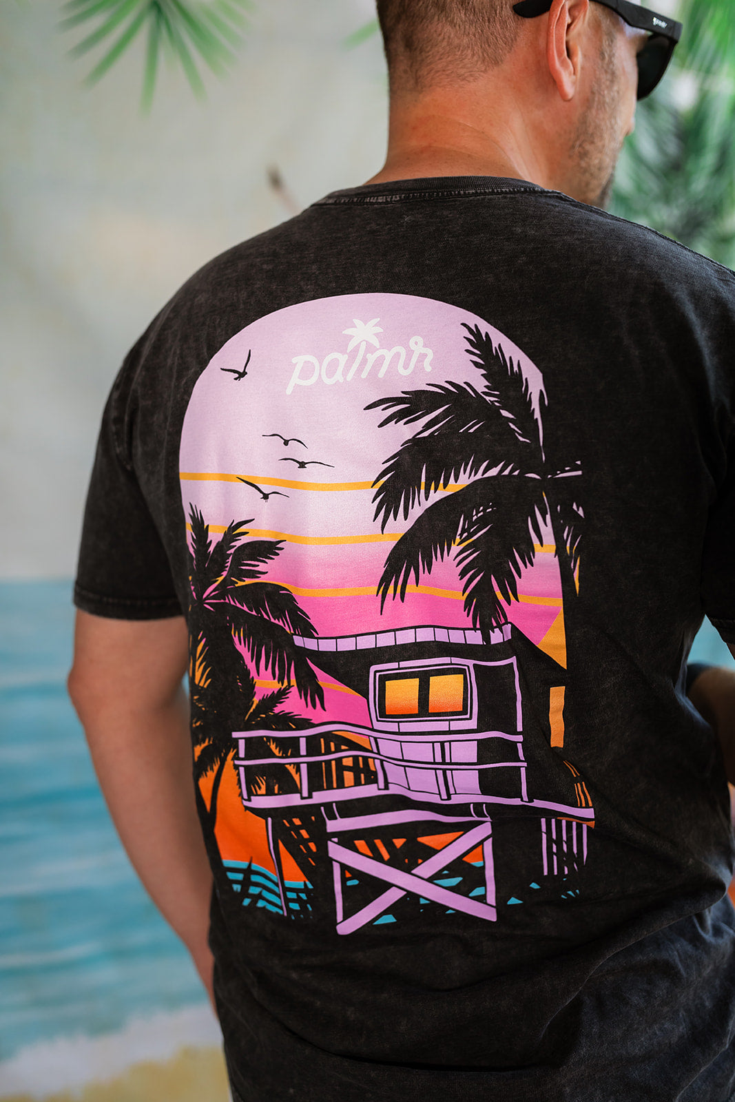 Palmr Style Mens Evening Palm Tee Shirt Vintage Stone Washed Black Soft Short Sleeve Palm Tree Beach Resort wear Self-Care