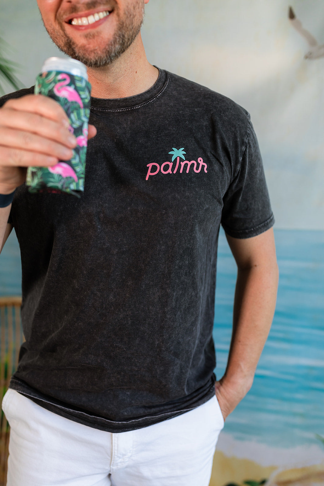 Palmr Style Mens Evening Palm Tee Shirt Vintage Stone Washed Black Soft Short Sleeve Palm Tree Beach Resort wear Self-Care