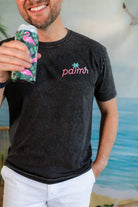 Palmr Style Mens Evening Palm Tee Shirt Vintage Stone Washed Black Soft Short Sleeve Palm Tree Beach Resort wear Self-Care
