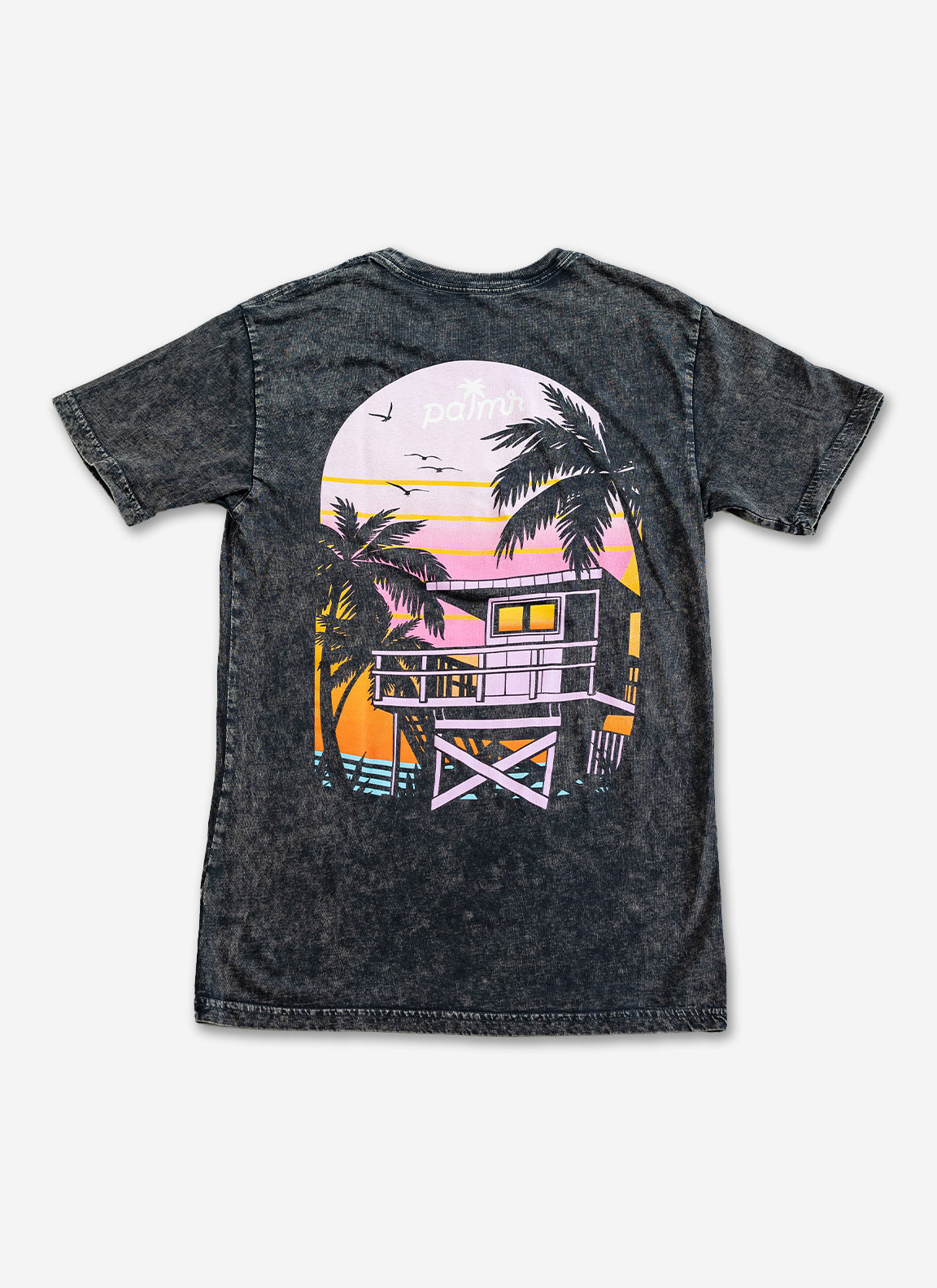 Palmr Style Mens Evening Palm Tee Shirt Vintage Stone Washed Black Soft Short Sleeve Palm Tree Beach Resort wear Self-Care