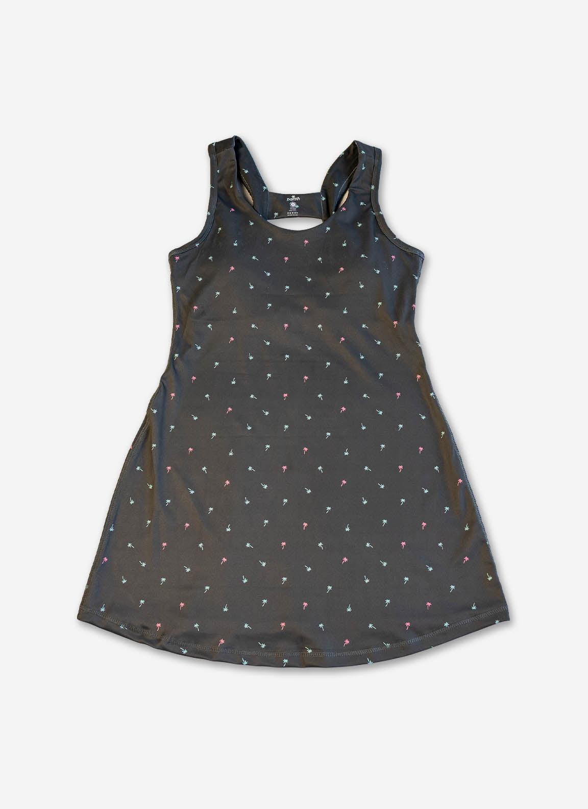 Dark gray dress with small colorful patterns on a white background