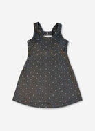 Dark gray dress with small colorful patterns on a white background