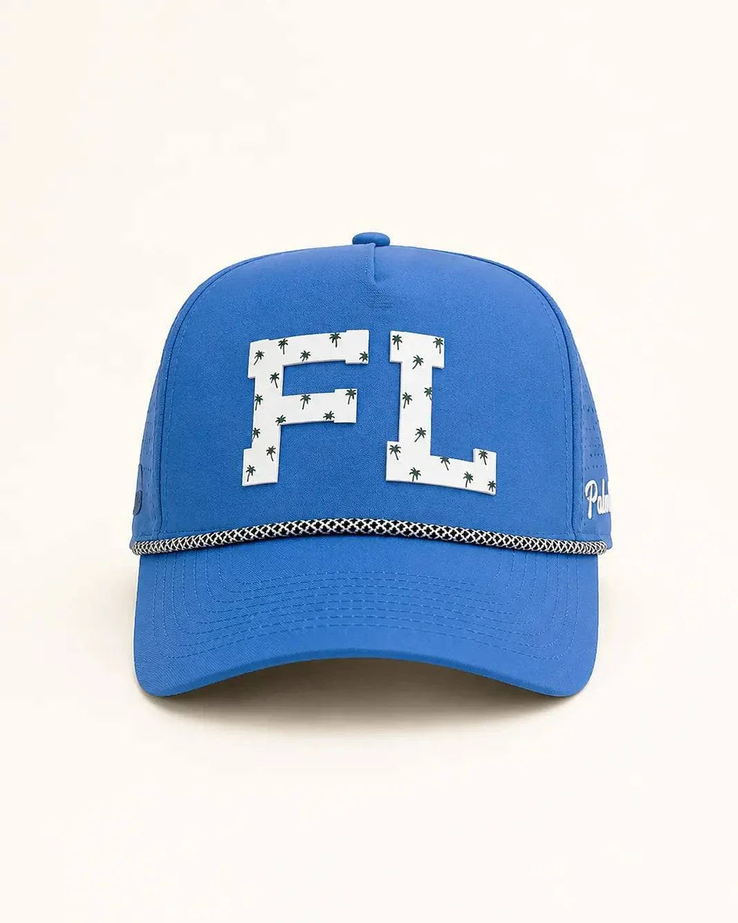 Blue FL Signature Hat with white silicone letters and palm design, water-resistant and breathable The 407 Hat