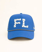 Blue FL Signature Hat with white silicone letters and palm design, water-resistant and breathable The 407 Hat
