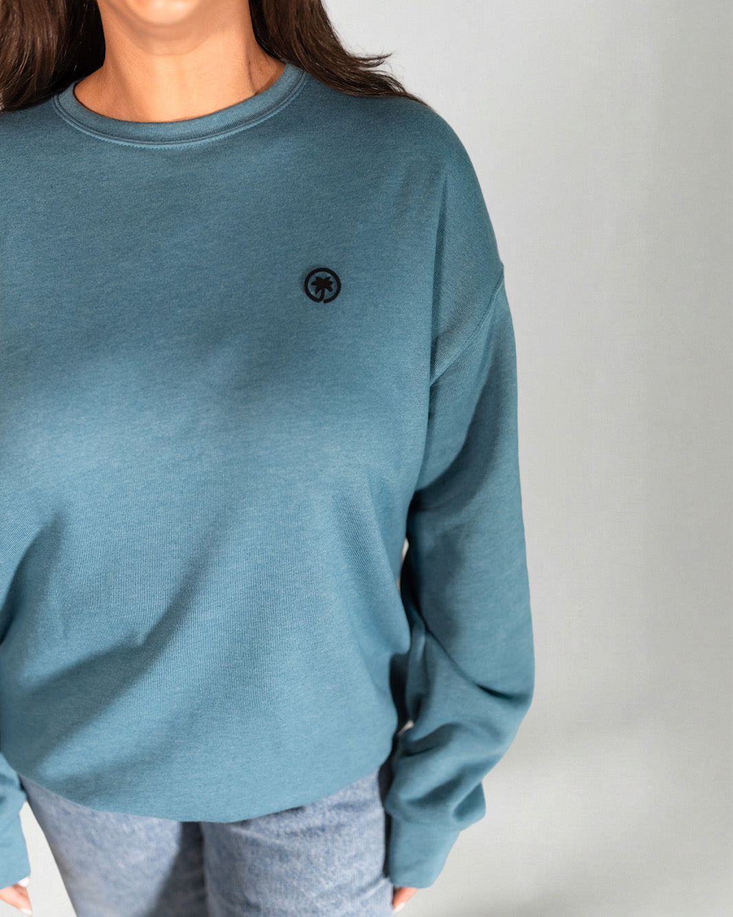 Palmr Style Cloud Embrace Crewneck Sweatshirt Deep Teal Long Sleeve Soft Palm Tree Resort wear Self-Care