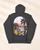 Dark heather grey Evening Palm Hoodie with front Palmr logo and back sunset graphic, lightweight cotton-poly fleece ideal for travel and casual wear